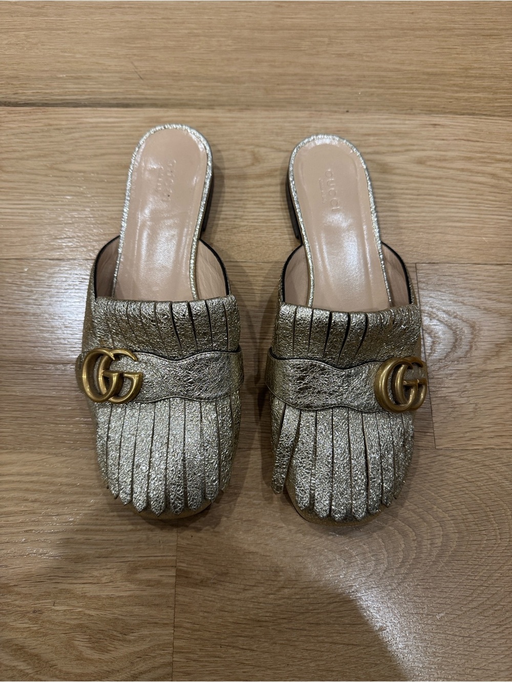 Gucci Gold Leather Fringe GG Marmont Mule